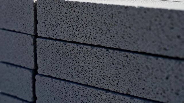 Side angle shot capturing the rough porous surface of stacked papercrete blocks highlighting the natural insulation properties of this innovative construction material.