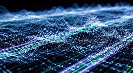Abstract glowing blue and green digital network grid with light trails