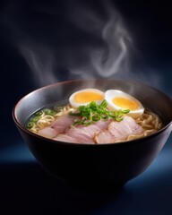 A bowl of steaming hot ramen with slices of pork, eggs, and scallions