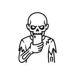 Skeleton zombie character holding and looking at a smartphone