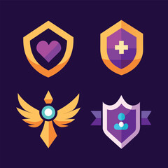 Fototapeta premium Collection of four purple and yellow shield icons featuring a heart, cross, wings, and person on a dark background