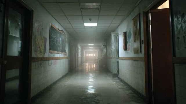 Long abandoned school hallway with graffiti-covered walls and dim lighting, wet floor reflecting light, conveying eerie, suspenseful ambiance