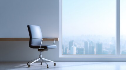 A minimalist office background with a clean desk, a chair, and a view of a city through a large window.