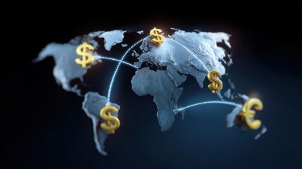 A conceptual image of the economics of globalization, with trade routes and currency symbols.