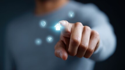 A conceptual image of smart home technology, with a person controlling various devices with a single touch.
