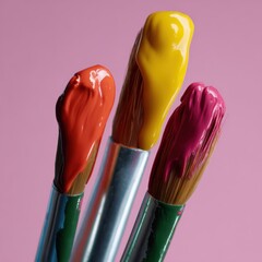 Close-up of colorful paint brushes dipped in vibrant acrylic paints