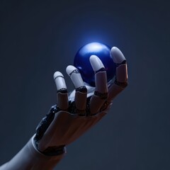 Close-up of a robotic hand gently holding a glowing blue orb symbolizing artificial intelligence and innovation on a dark background