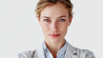 A photorealistic shot of a young business woman in business casual, looking confidently at the camera.
