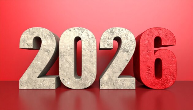 Stone-textured number "2026" on a rock platform with red and white background.