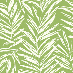 Obraz premium Abstract green palm leaf seamless pattern with hand drawn brush strokes for tropical summer background design in flat style vector illustration