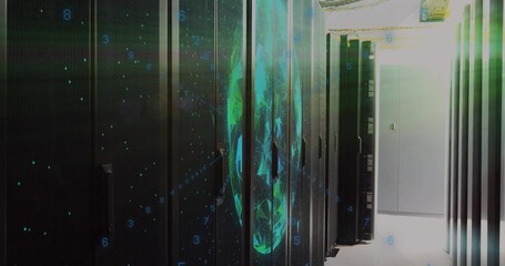 Displaying center aisle lined with black server racks in data center, with hologram overlay