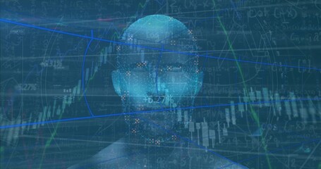 Showing glowing blue humanoid head in virtual interface, with charts, formula overlays and grid li