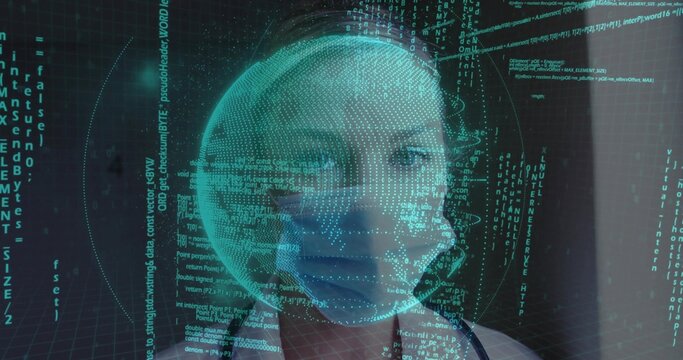 Mature woman wearing scrubs and surgical mask analyzing in dark room, with holographic code globe