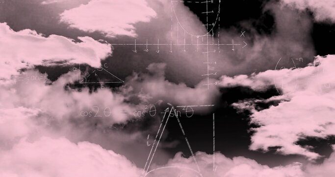 Fototapeta Pink-tinted clouds drifting in digital sky, with white math equations, triangles, axes, curves