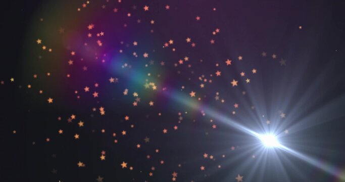 Naklejki Radiating white lens flare crossing cosmic scene with diagonal beam and golden sparkles, copy space