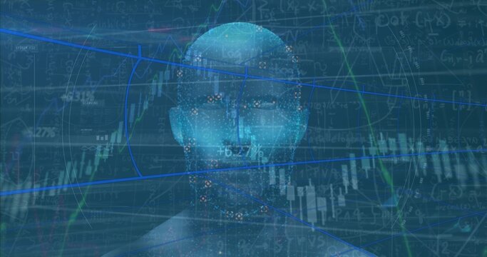 Showing glowing blue humanoid head in virtual interface, with charts, formula overlays  and  grid li