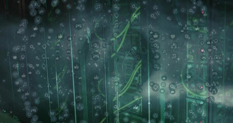 Illuminating server racks showcasing green cables and switches in data center, with digital icons