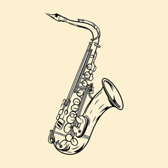 Hand drawn detailed black line saxophone instrument illustration with keys and mouthpiece isolated on light background vector art for music concept design