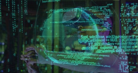 Man wearing casual top and VR headset manipulating holographic globe and code streams in tech lab