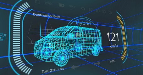 Showing wireframe van cruising in grid, with HUD power bar, speedometer, modes and destination or ti