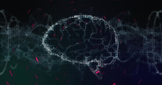 Rendering glowing wireframe brain simulating data flow in blue grid matrix, with neon pink streaks