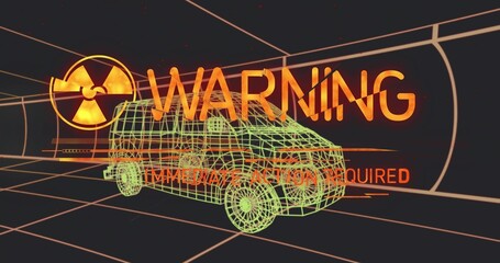 Displaying wireframe van in tunnel with orange WARNING IMMEDIATE ACTION REQUIRED, radiation icon
