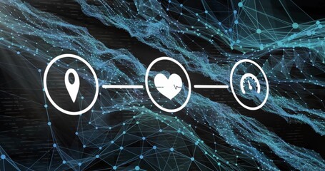 Three white icons floating in data network, with lines, location pin, heartbeat, speedometer icons