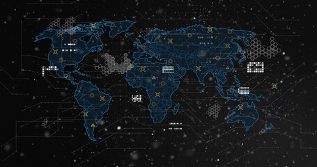 Displaying glowing blue world map linking data nodes in AR UI, with hexagonal grids, warning icons