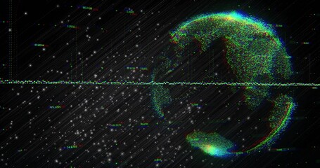 Displaying pixelated Earth globe glitching in interface, with RGB data line and stars, copy space