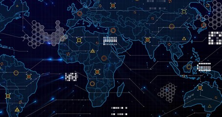 Showing world map with neon outlines on console with hex clusters, triangle markers and path lines