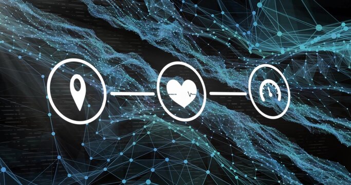 Three white icons floating in data network, with lines, location pin, heartbeat, speedometer icons