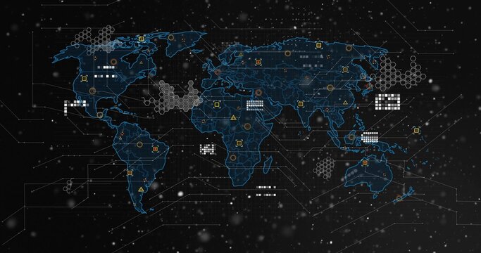 Displaying glowing blue world map linking data nodes in AR UI, with hexagonal grids, warning icons