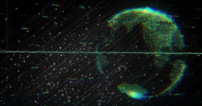 Naklejki Displaying pixelated Earth globe glitching in interface, with RGB data line and stars, copy space