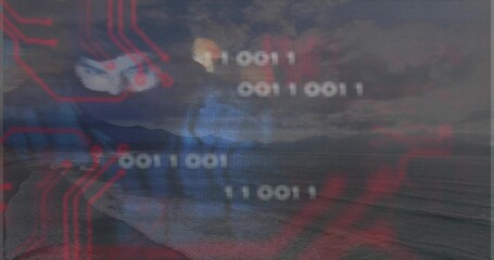 Obraz premium Floating stylized hacker mask overlaying sunset seascape, with red circuit traces and binary digits