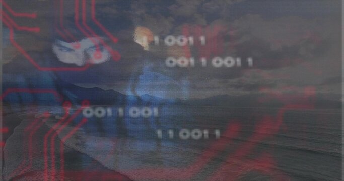 Fototapeta Floating stylized hacker mask overlaying sunset seascape, with red circuit traces and binary digits