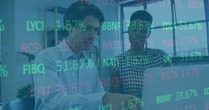 Collaborating colleagues in business casual analyzing numbers on laptop with floating codes overlay