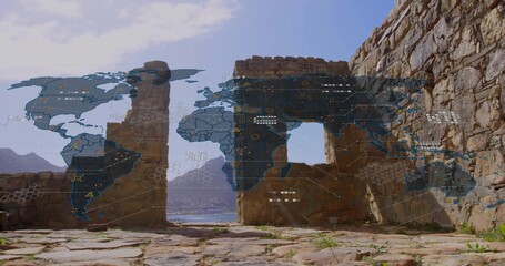 Displaying central ruin arches framing calm sea view on platform, with network overlay data points