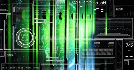 Showing data interface lighting with green beams in HUD, displaying numeric sequences and panels