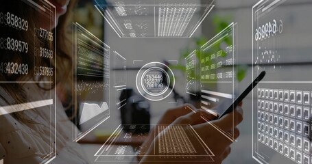 Displaying holographic panels woman wearing blouse tapping smartphone with stylus in modern office