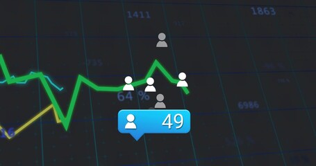 Displaying blue notification bubble marking 49 users on analytics dashboard, with green line graph