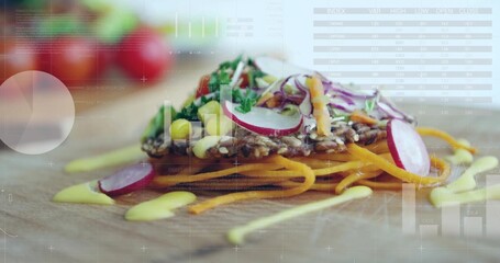 Displaying multigrain crispbread topped with veggies and sauce on wooden board with chart overlays
