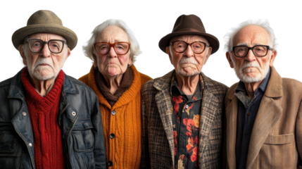 group of elderly individuals standing with angry faces isolated on a white transparent background