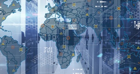 Showing grey server racks glowing with LED indicators in server room, with world map overlay