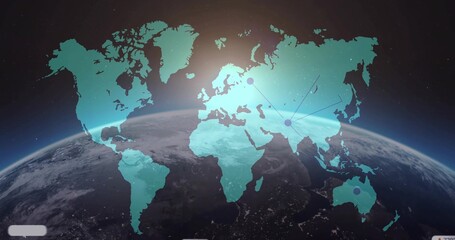 Displaying Earth with map overlay, network nodes with connecting lines in space, showing UI bars