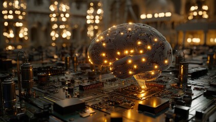 A glowing brain sits atop a circuit board, amidst a city backdrop