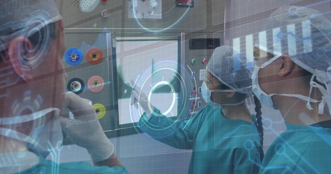 Female surgeon in scrubs interacting with hologram screen and gauges at surgical console - Powered by Adobe