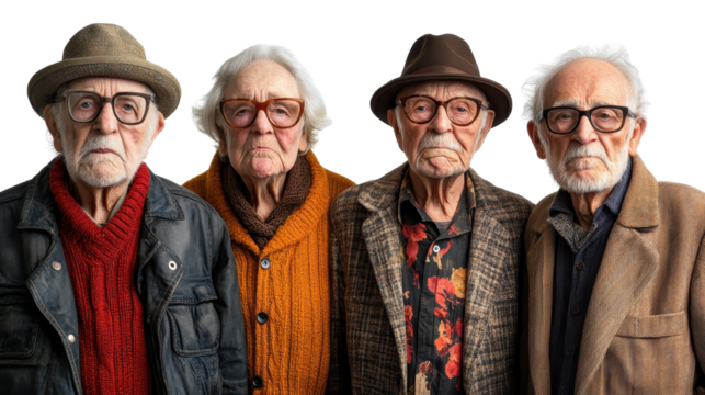 group of elderly individuals standing with angry faces isolated on a white transparent background