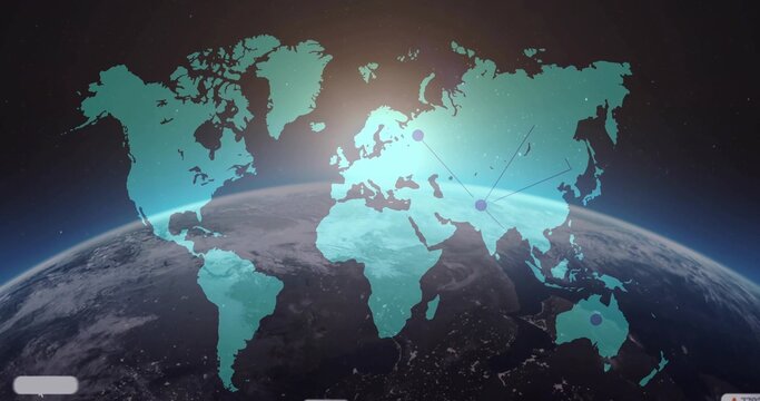 Naklejki Displaying Earth with map overlay, network nodes with connecting lines in space, showing UI bars