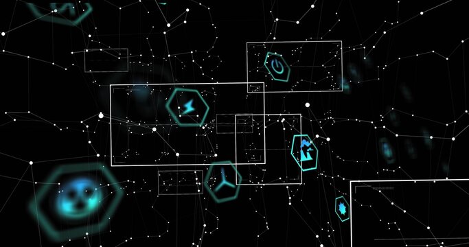 Mapping white network nodes and lines in data space, with translucent frames and teal icons