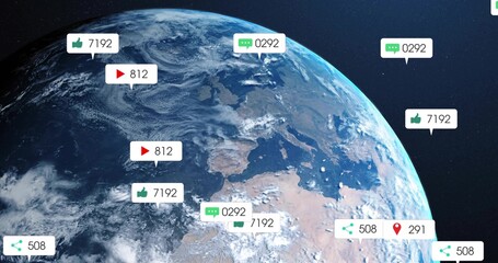 Displaying Earth globe floating in space backdrop, with social media icons and metrics